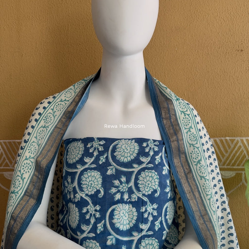 Maheshwari Blue-White Bagh Indigo Print Suit MBIS26