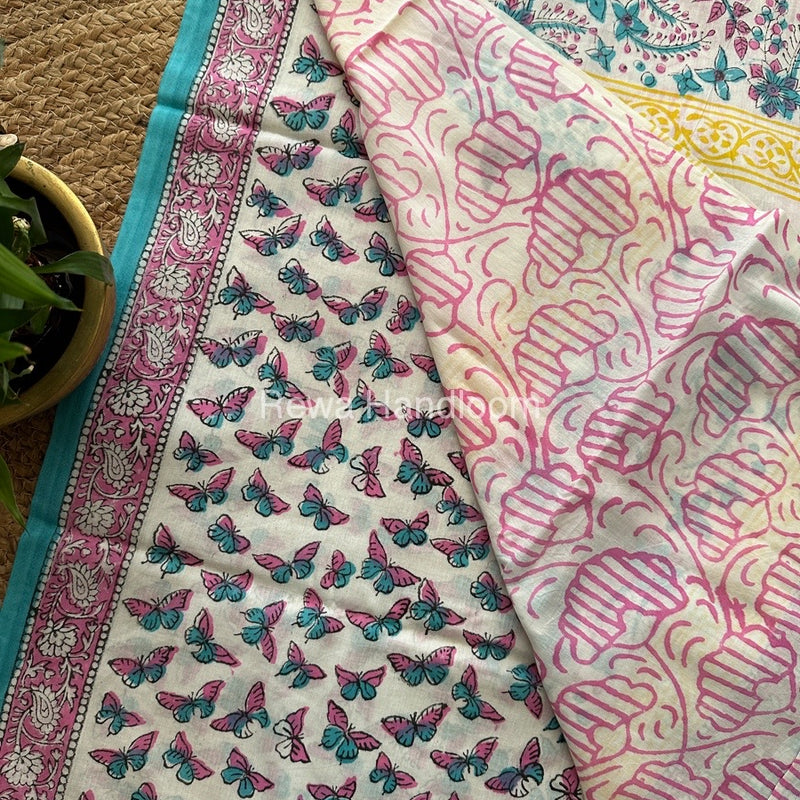 White Cotton Printed Saree CS011