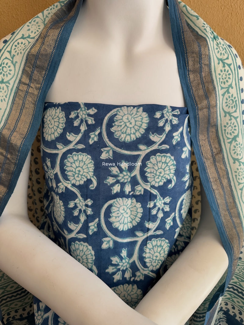 Maheshwari Blue-White Bagh Indigo Print Suit MBIS26