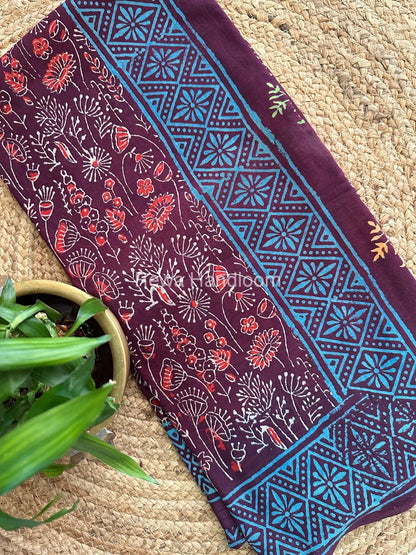 Wine Cotton Printed Saree CS026