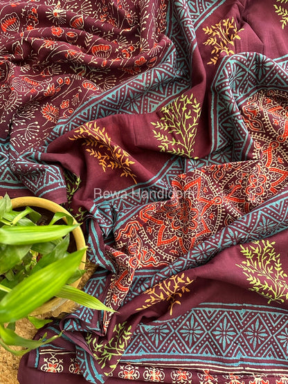Wine Cotton Printed Saree CS026