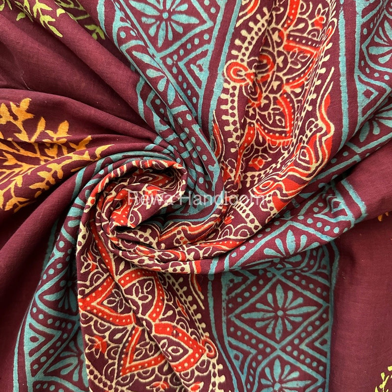 Wine Cotton Printed Saree CS026