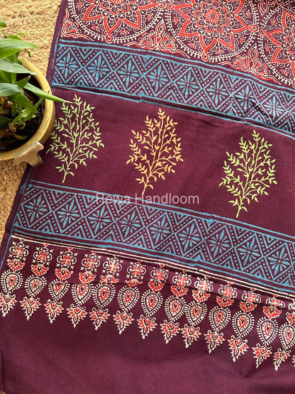 Wine Cotton Printed Saree CS026