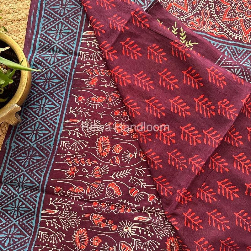 Wine Cotton Printed Saree CS026