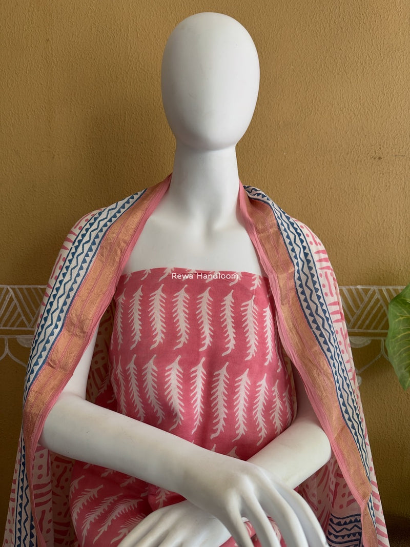 Maheshwari Pink-White Bagh Indigo Print Suit MBIS28