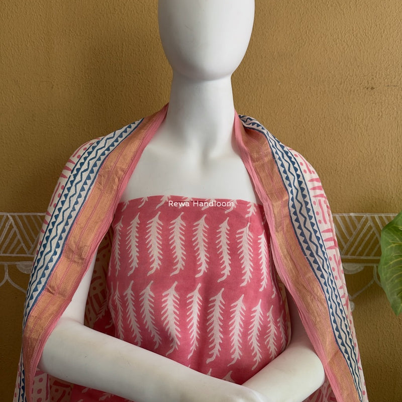 Maheshwari Pink-White Bagh Indigo Print Suit MBIS28