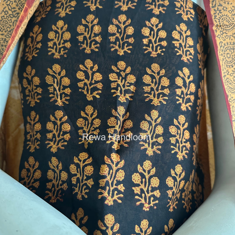 Maheshwari Black-Mustard Yellow Bagh Print Suit BSP0240