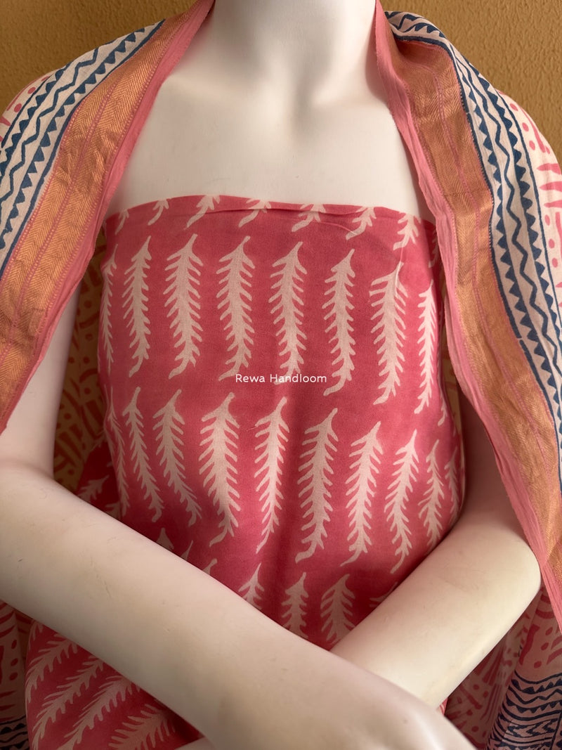 Maheshwari Pink-White Bagh Indigo Print Suit MBIS28