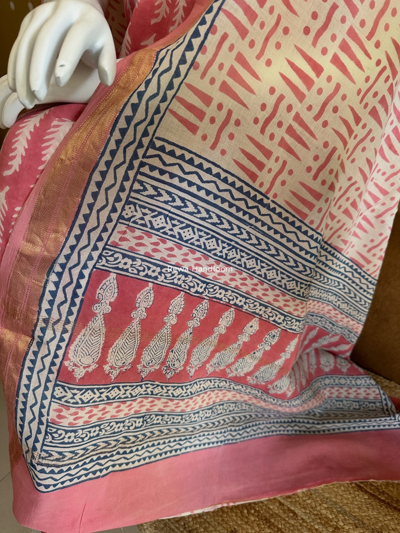 Maheshwari Pink-White Bagh Indigo Print Suit MBIS28
