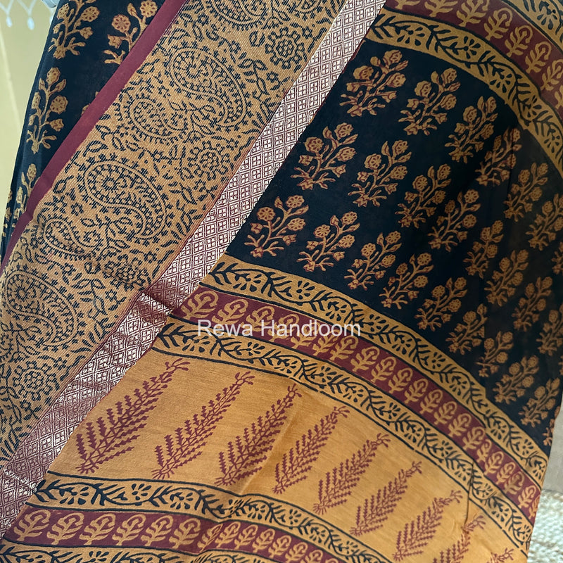Maheshwari Black-Mustard Yellow Bagh Print Suit BSP0240