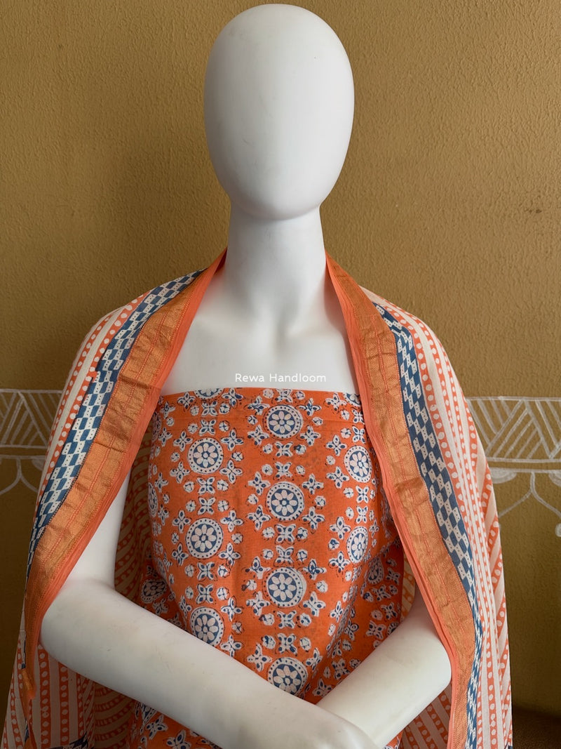 Maheshwari Orange-White Bagh Indigo Print Suit MBIS27