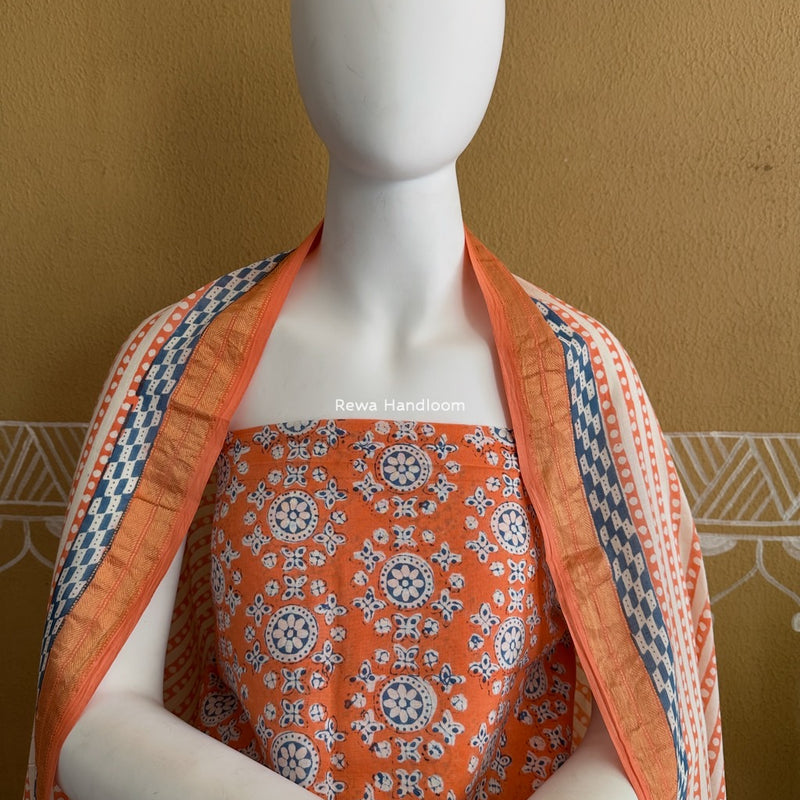 Maheshwari Orange-White Bagh Indigo Print Suit MBIS27