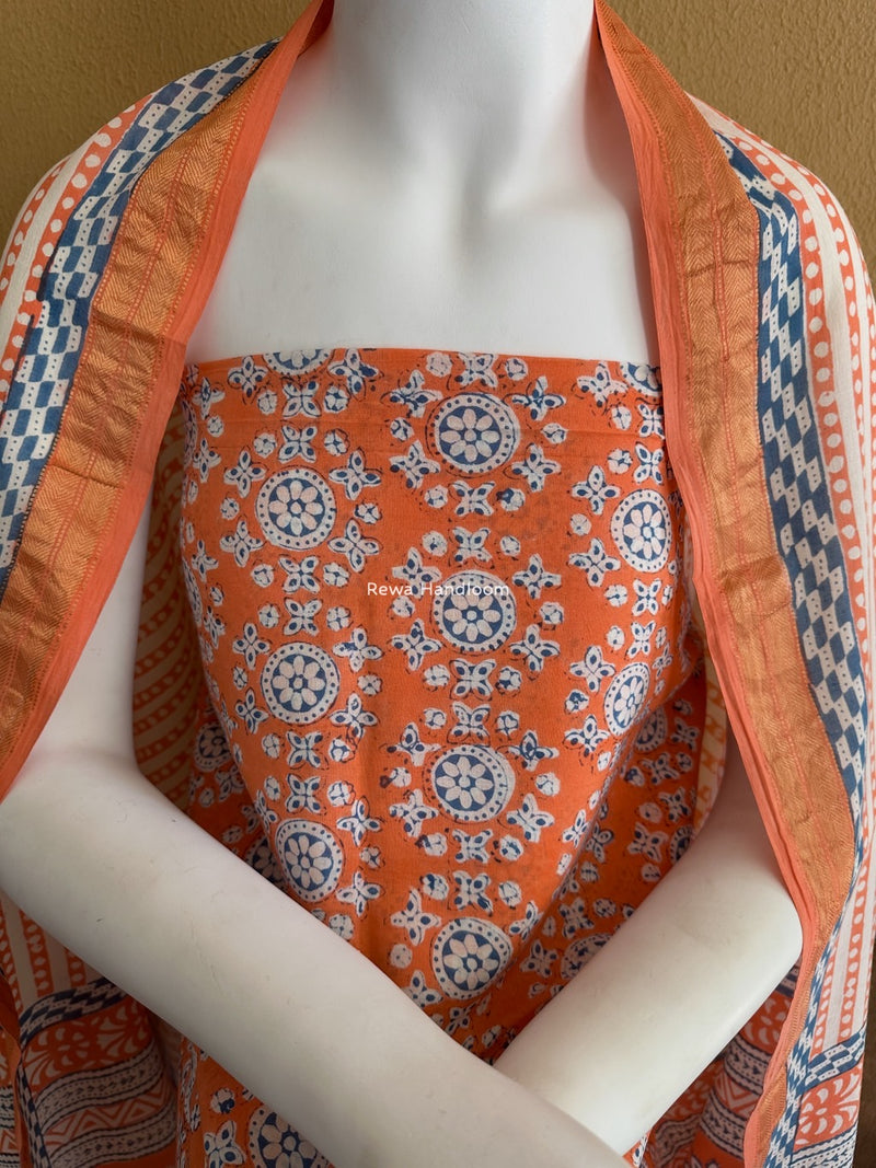 Maheshwari Orange-White Bagh Indigo Print Suit MBIS27