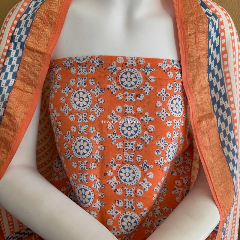 Maheshwari Orange-White Bagh Indigo Print Suit MBIS27