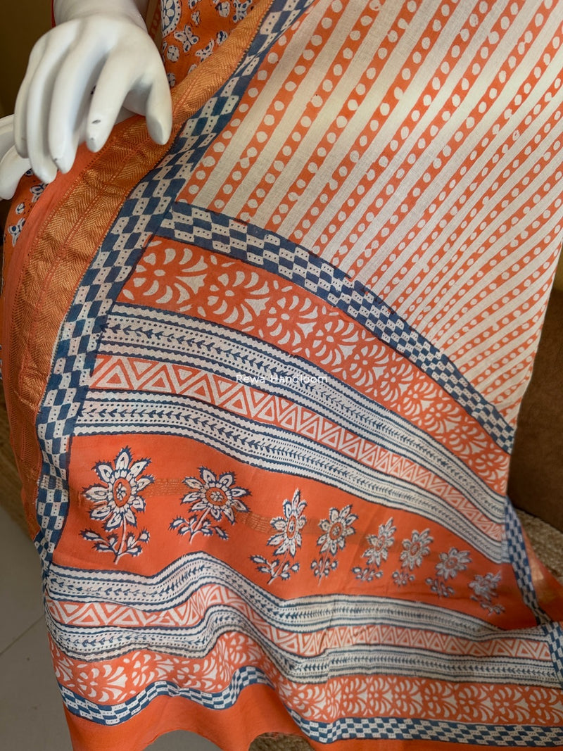 Maheshwari Orange-White Bagh Indigo Print Suit MBIS27