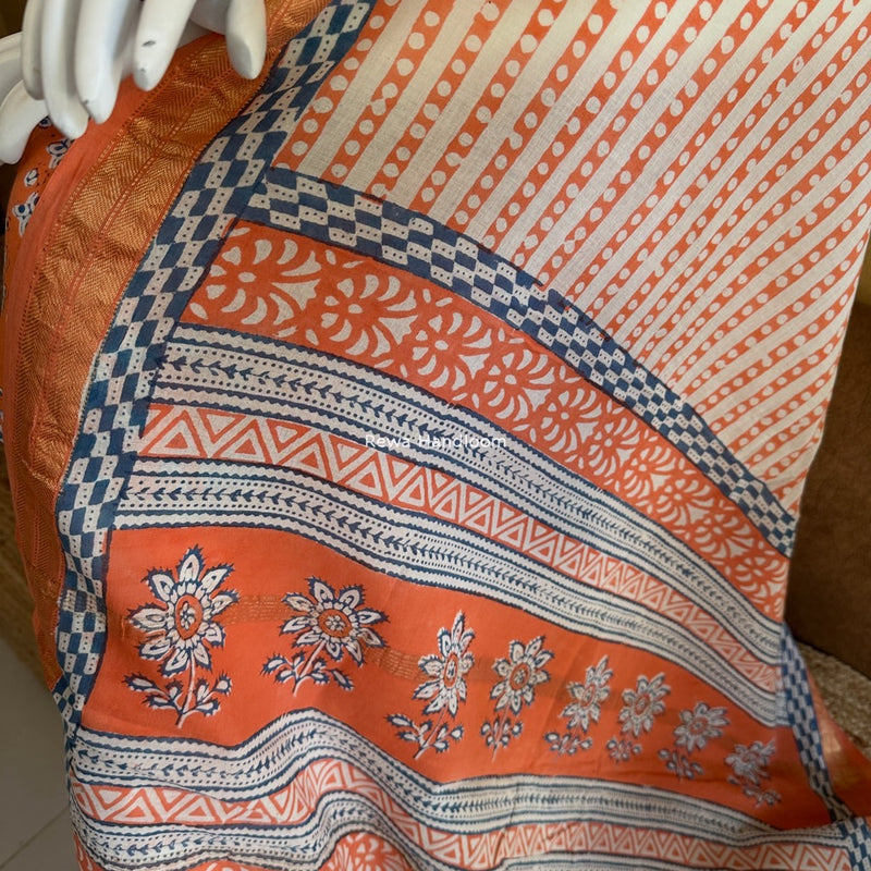 Maheshwari Orange-White Bagh Indigo Print Suit MBIS27