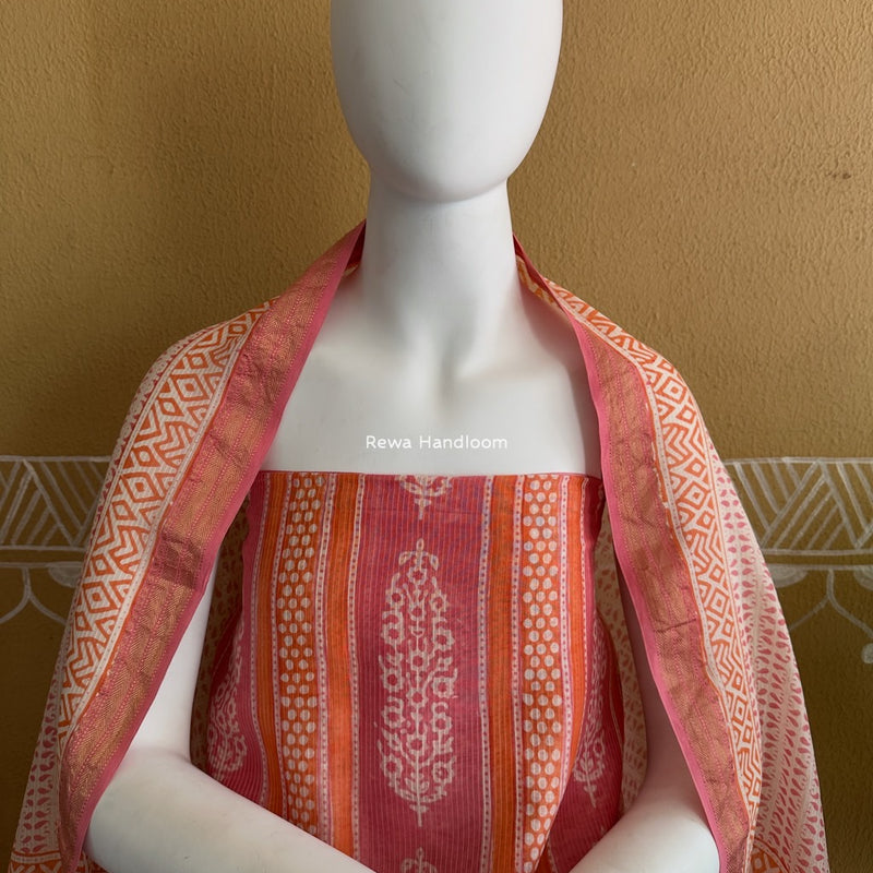 Maheshwari Orange-Pink Bagh Indigo Print Suit MBIS31