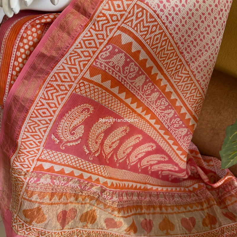Maheshwari Orange-Pink Bagh Indigo Print Suit MBIS31