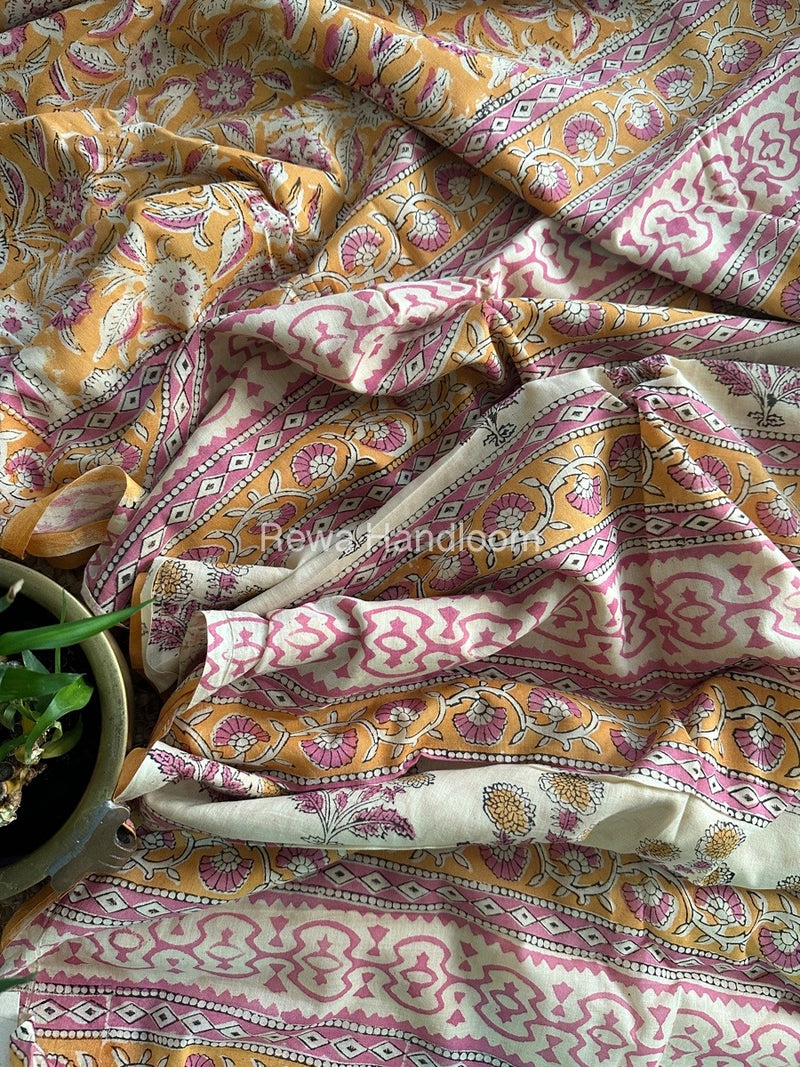 Light Yellow Cotton Printed Saree CS034