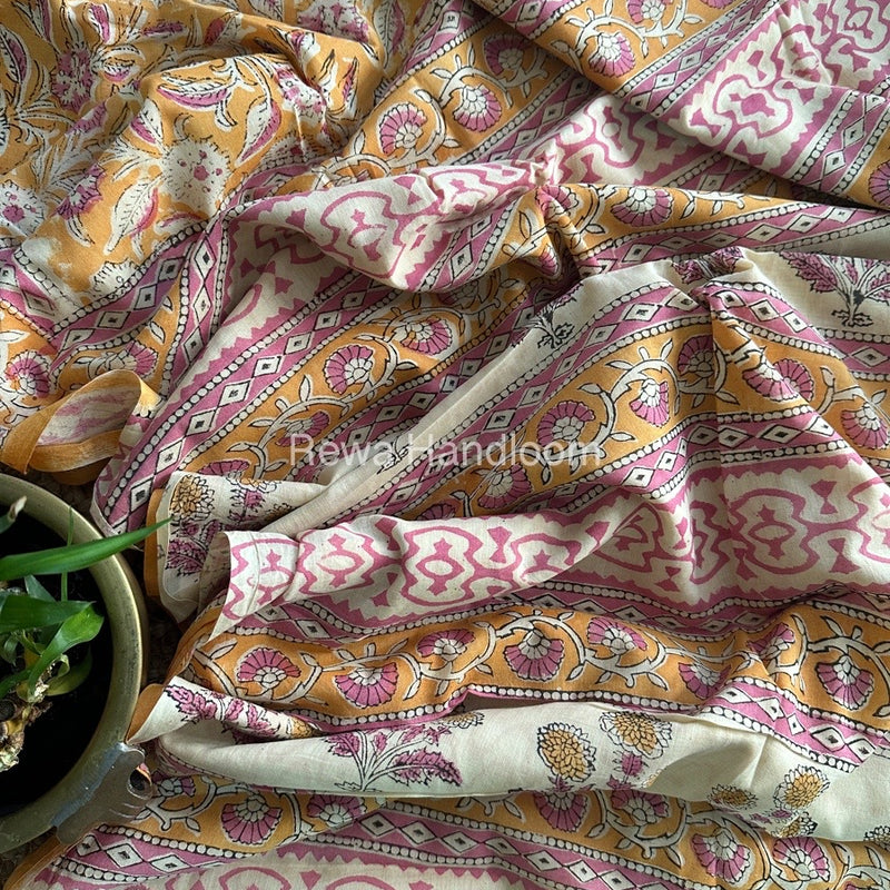 Light Yellow Cotton Printed Saree CS034