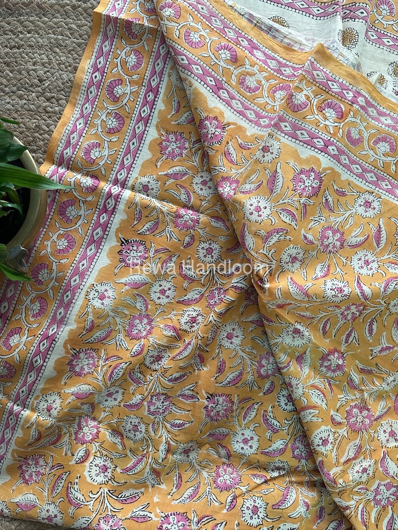 Light Yellow Cotton Printed Saree CS034