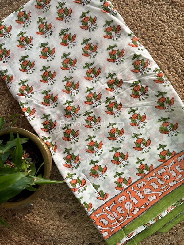 White Cotton Printed Saree CS027