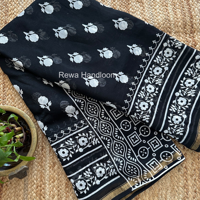 Black Chanderi Silk Printed Saree CPS039