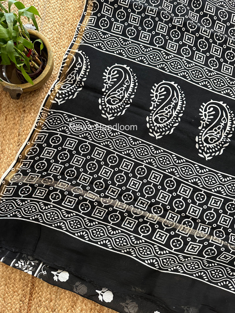 Black Chanderi Silk Printed Saree CPS039