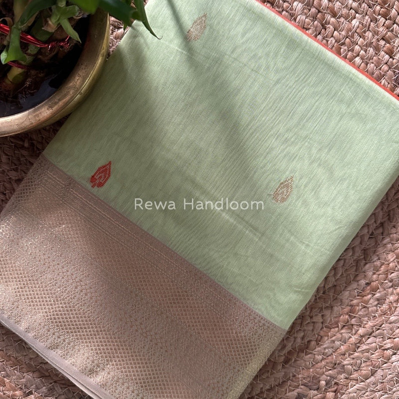 Pista Green Zari Butti Maheshwari Saree JBS044