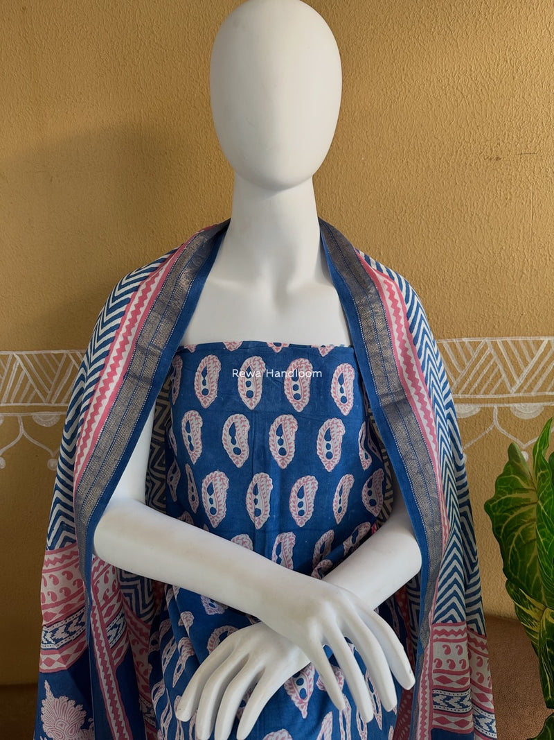 Blue-Pink Indigo Bagh Print Suit BCI057