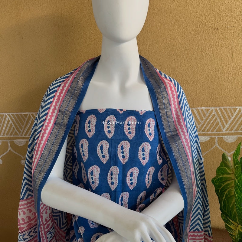 Blue-Pink Indigo Bagh Print Suit BCI057