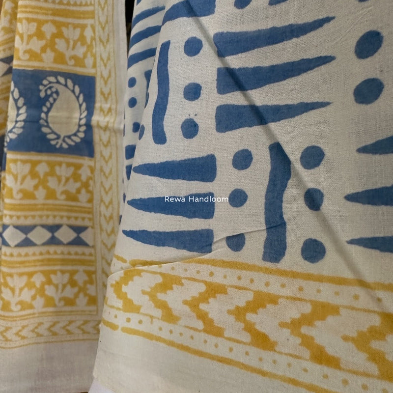 Yellow-Blue Indigo Bagh Print Suit BCI037 Rewa Handloom