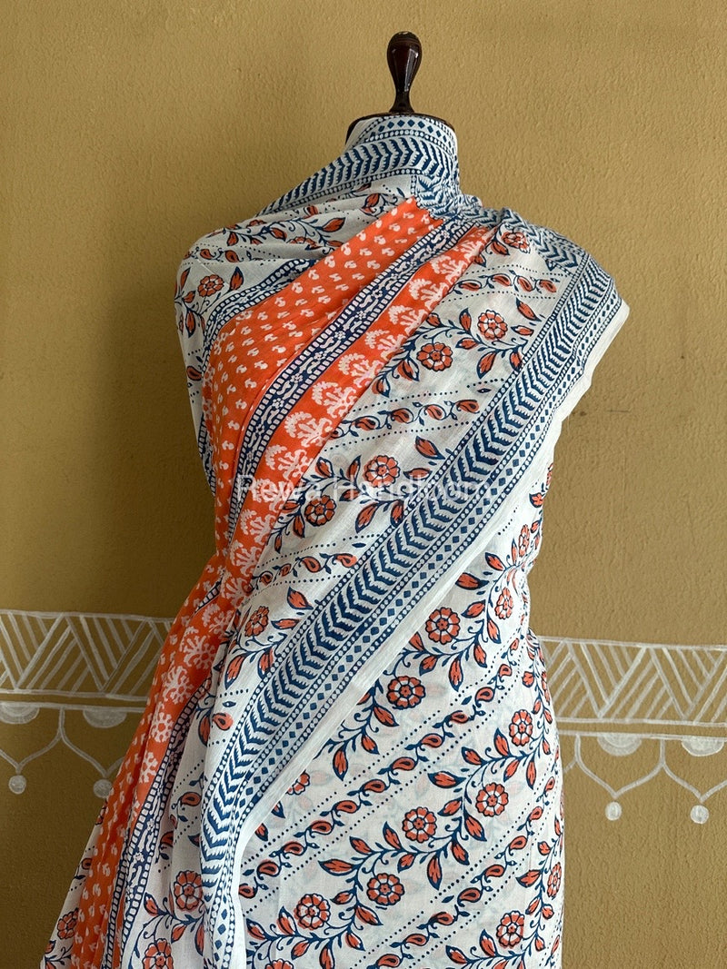 White-Orange Bagh Print Cotton Suit BCSP0153