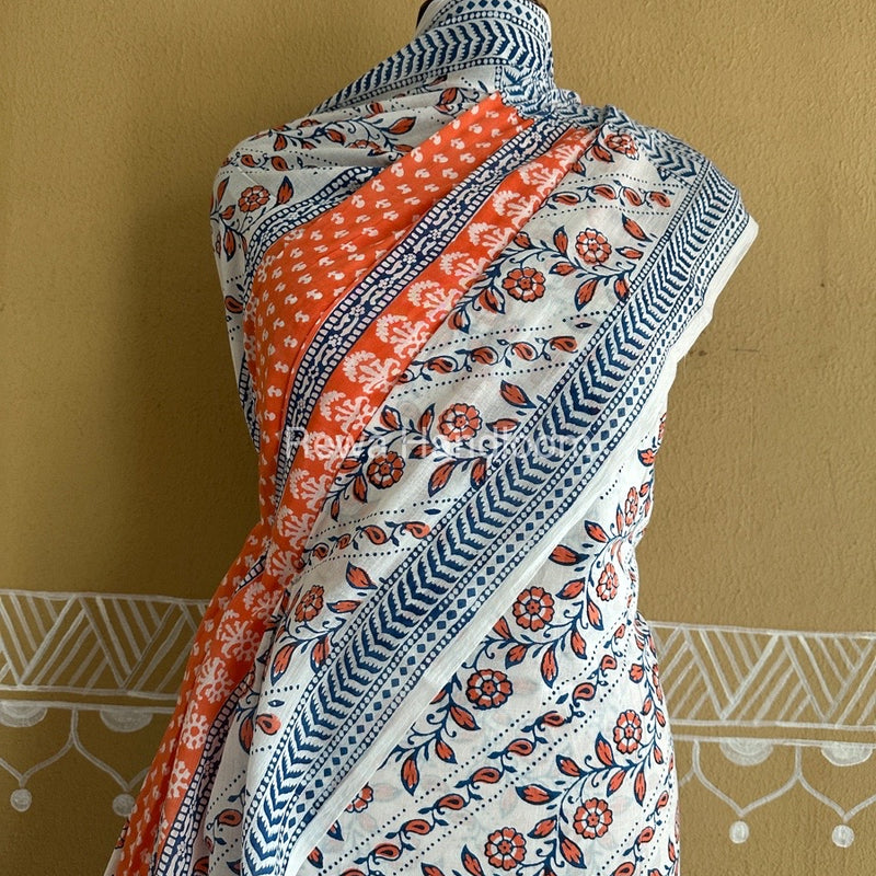 White-Orange Bagh Print Cotton Suit BCSP0153