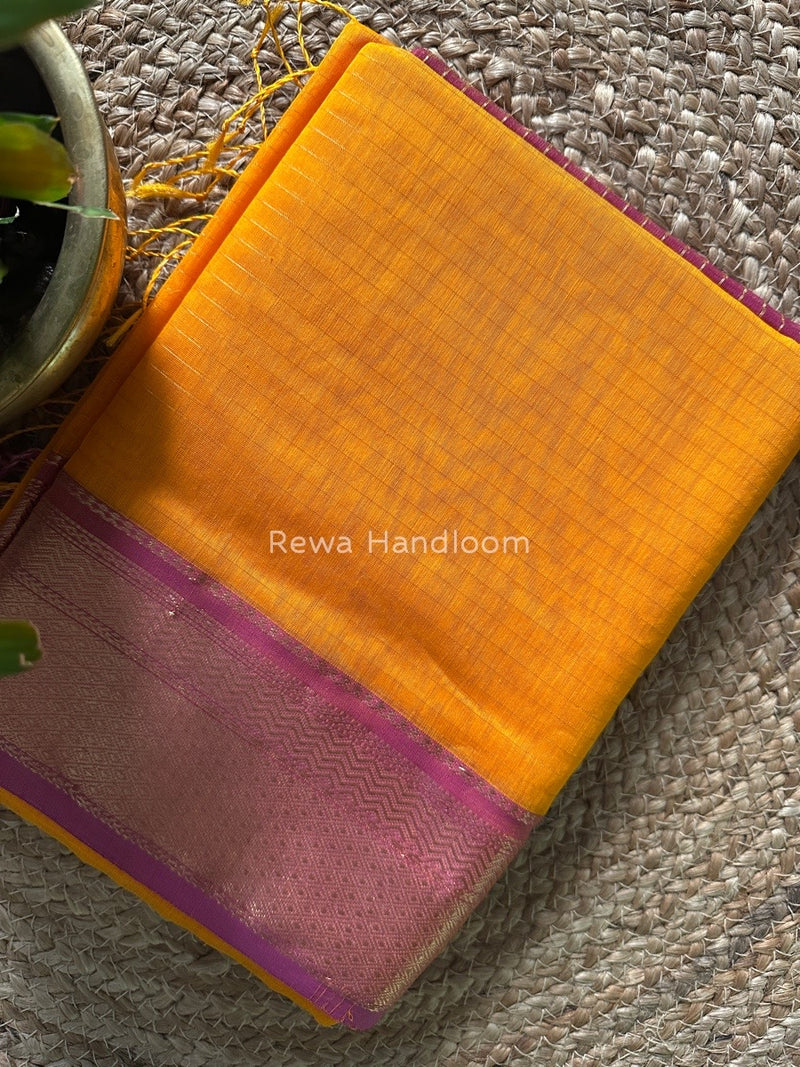 Maheshwari Turmeric Yellow Zari Linning Saree GL046