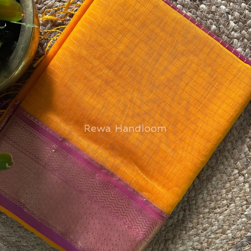 Maheshwari Turmeric Yellow Zari Linning Saree GL046