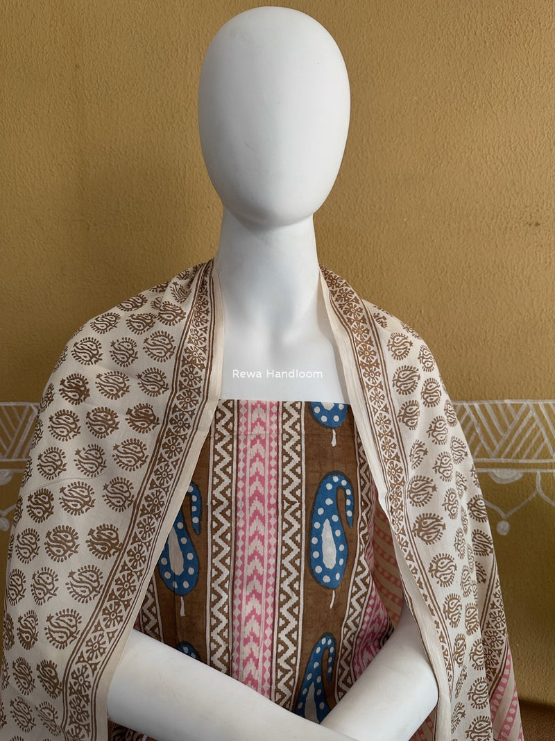 Brown-White Indigo Bagh Print Suit BCI035