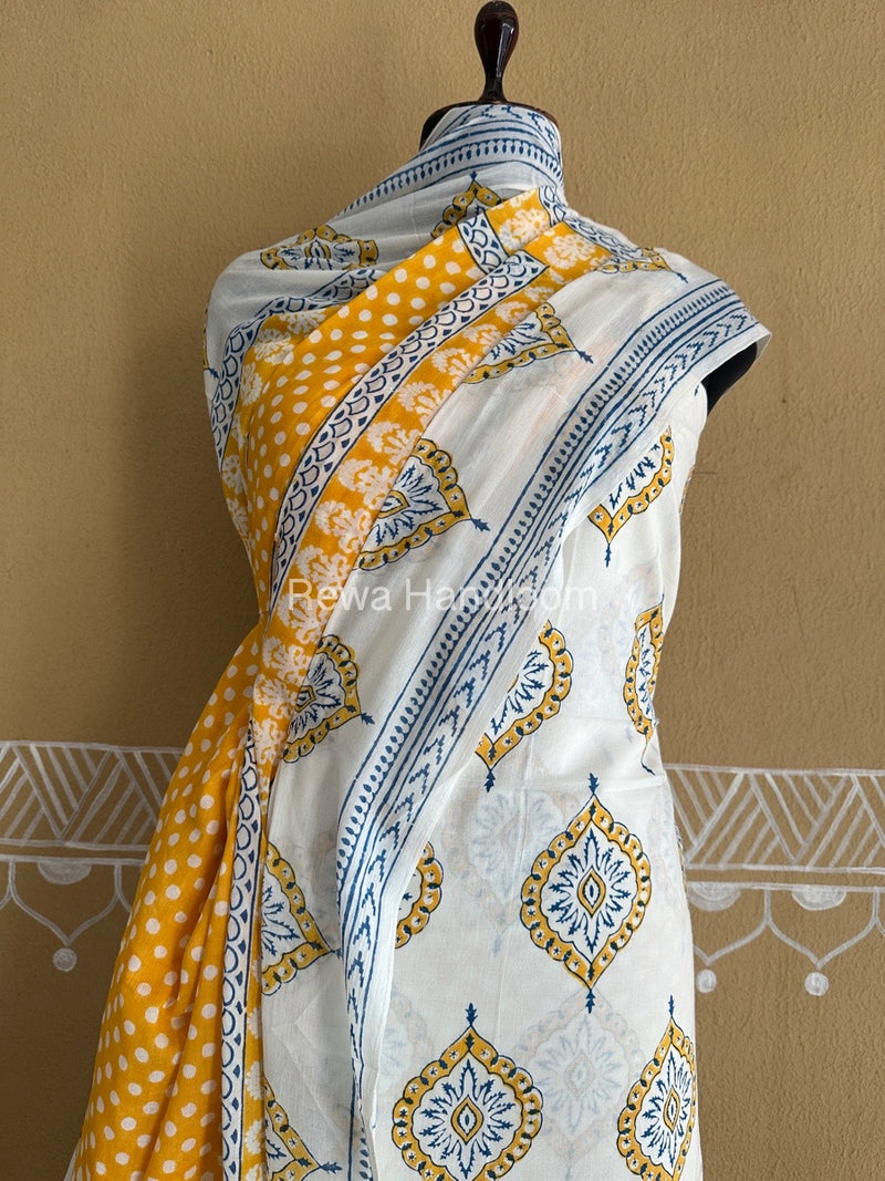 White-Yellow Bagh Print Cotton Suit BCSP0160