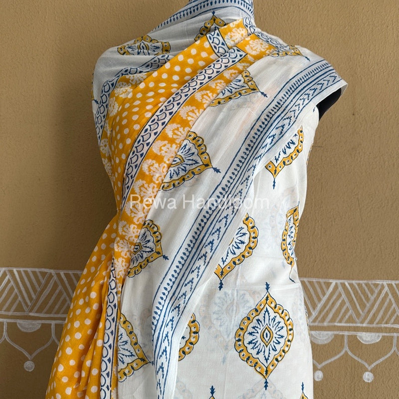 White-Yellow Bagh Print Cotton Suit BCSP0160
