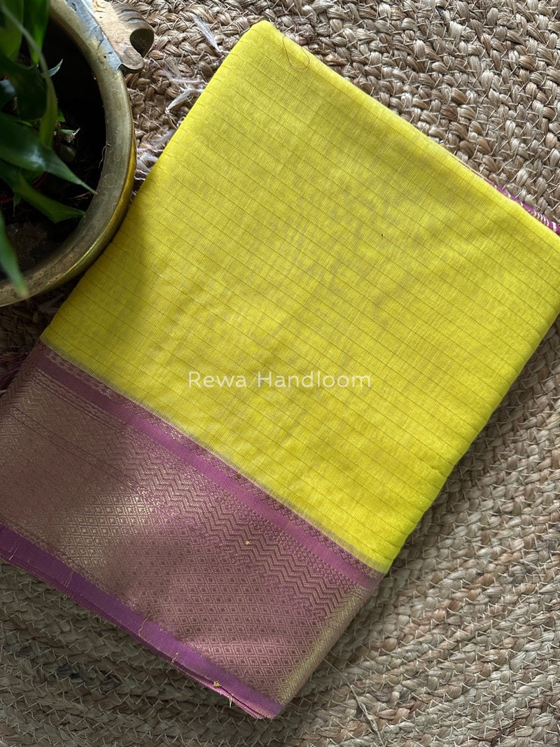 Maheshwari Lemon Yellow Zari Linning Saree GL051
