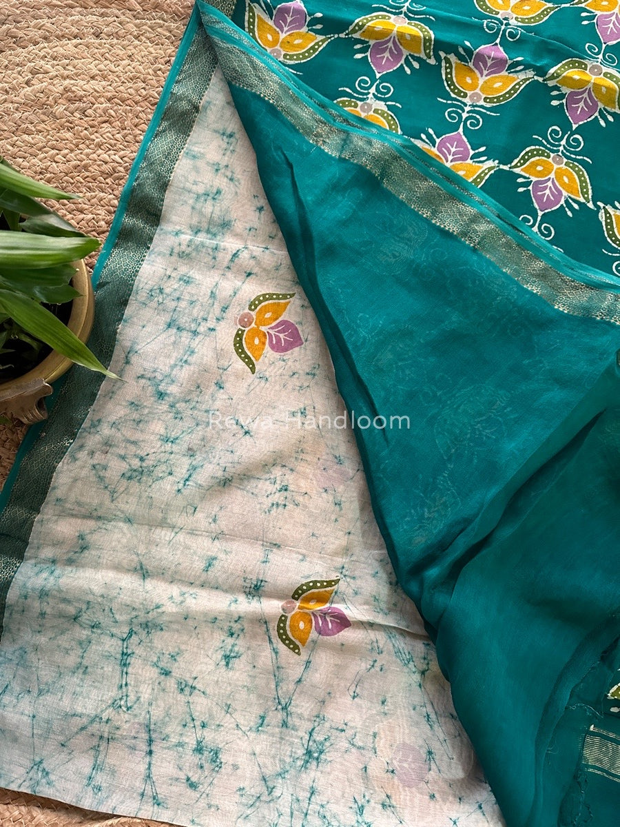 Maheshwari Green Batik Indonesian Print Saree IBS034