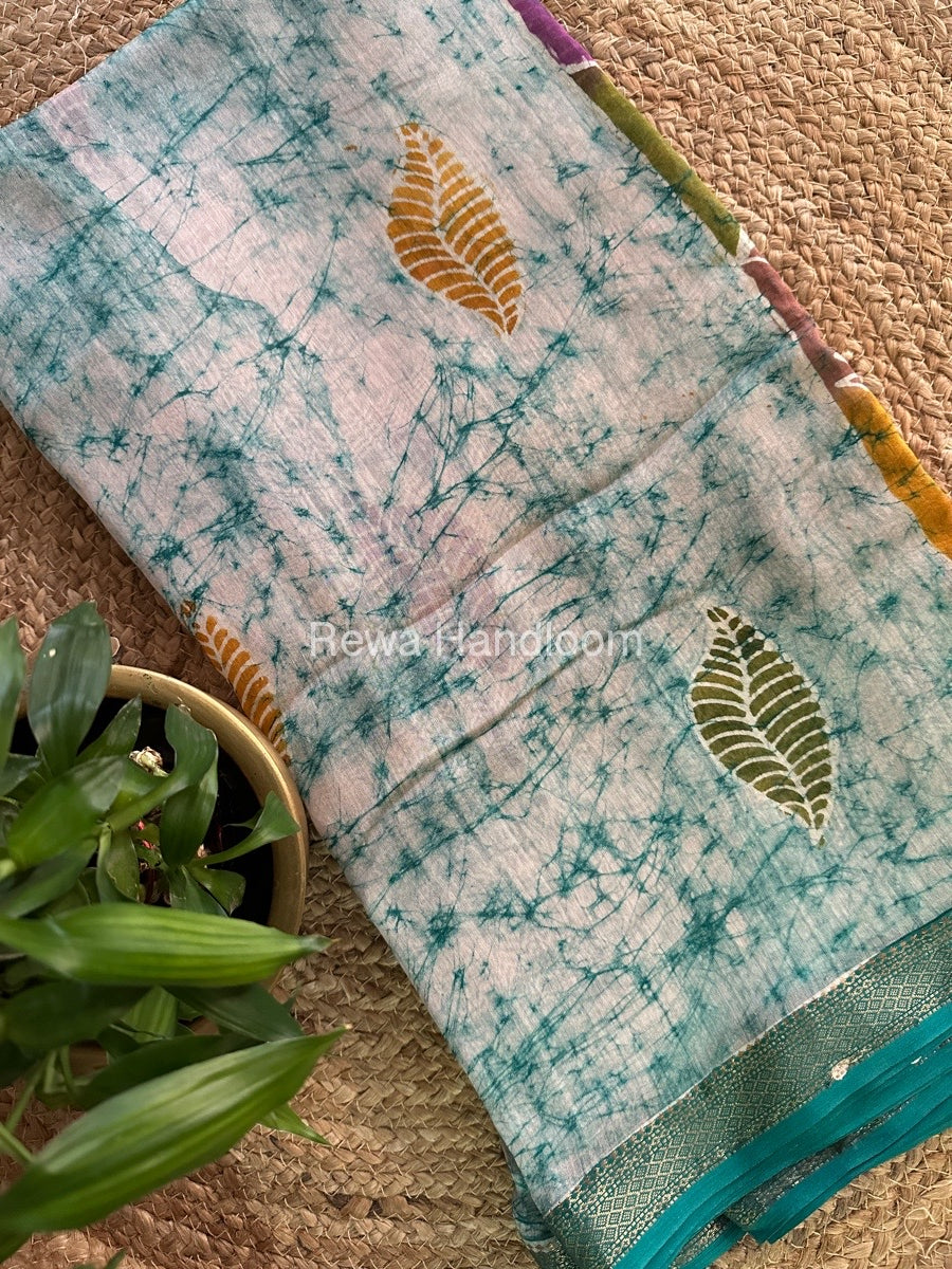 Maheshwari Green Batik Indonesian Print Saree IBS035