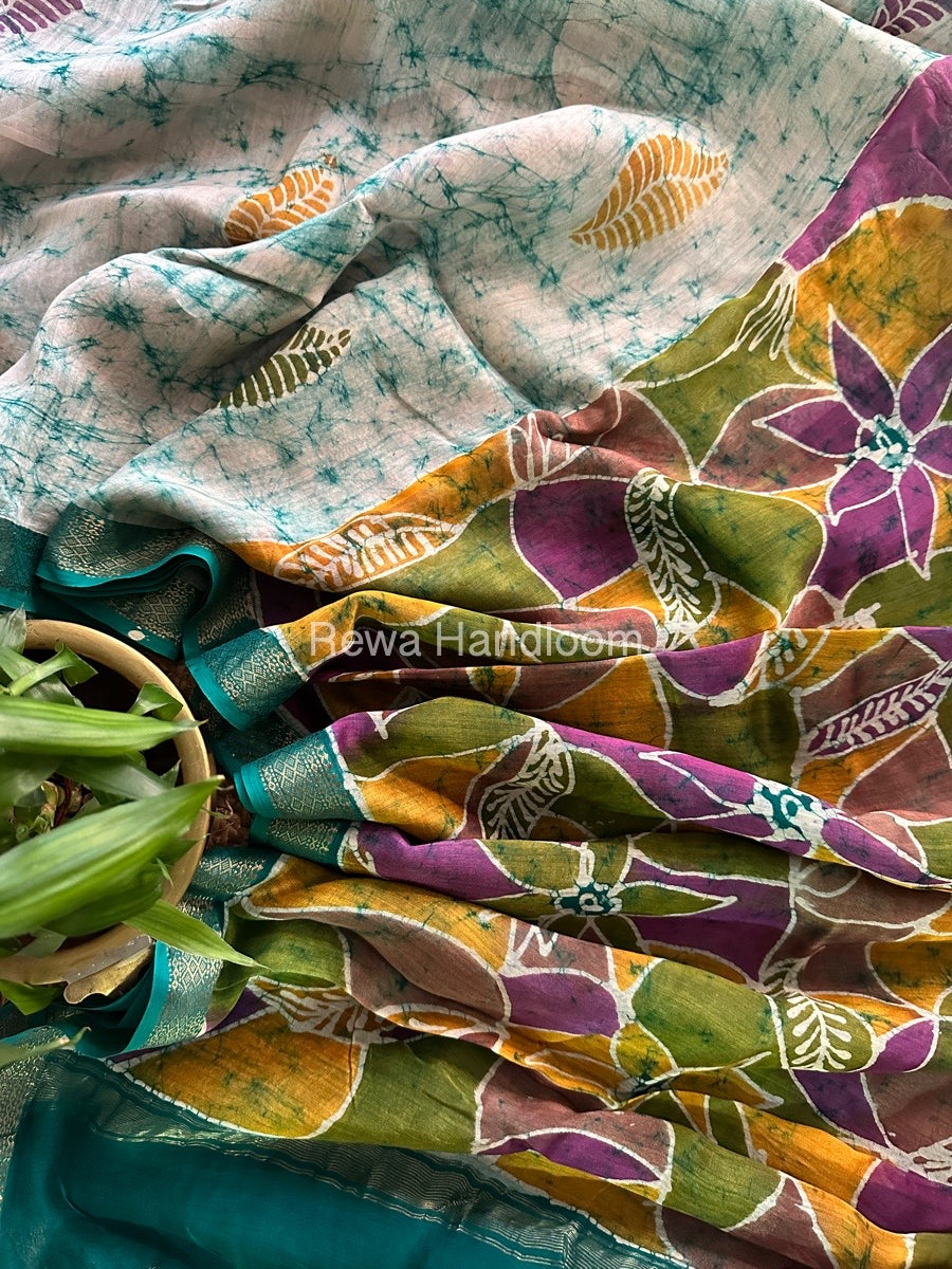 Maheshwari Green Batik Indonesian Print Saree IBS035