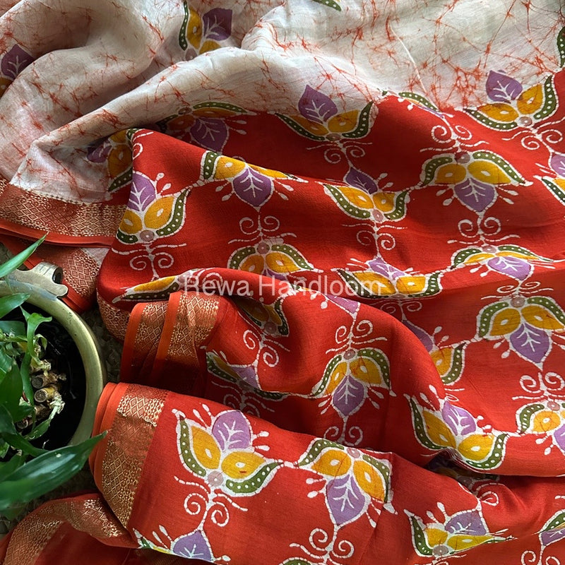Maheshwari Orange Batik Indonesian Print Saree IBS033