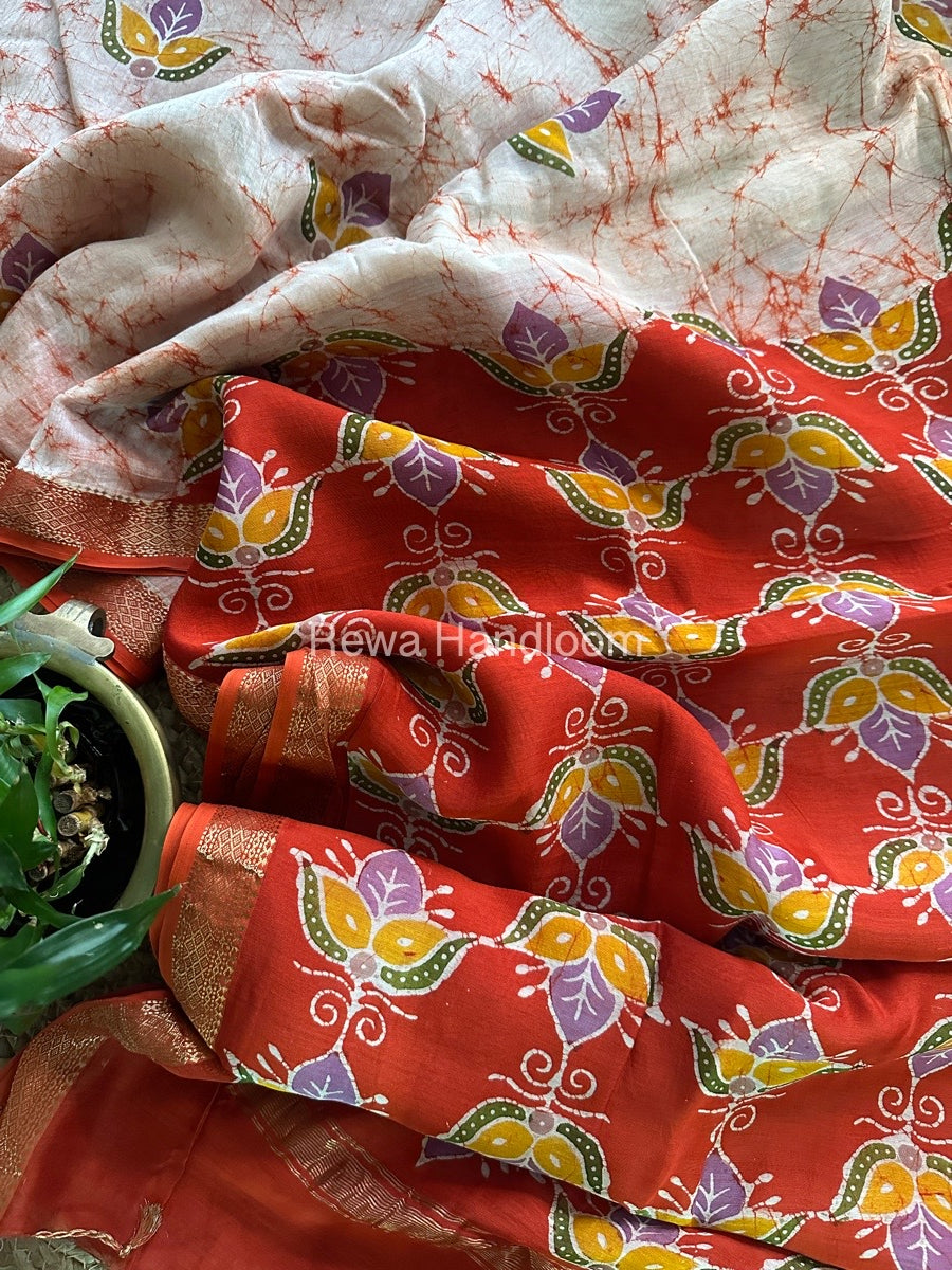 Maheshwari Orange Batik Indonesian Print Saree IBS033