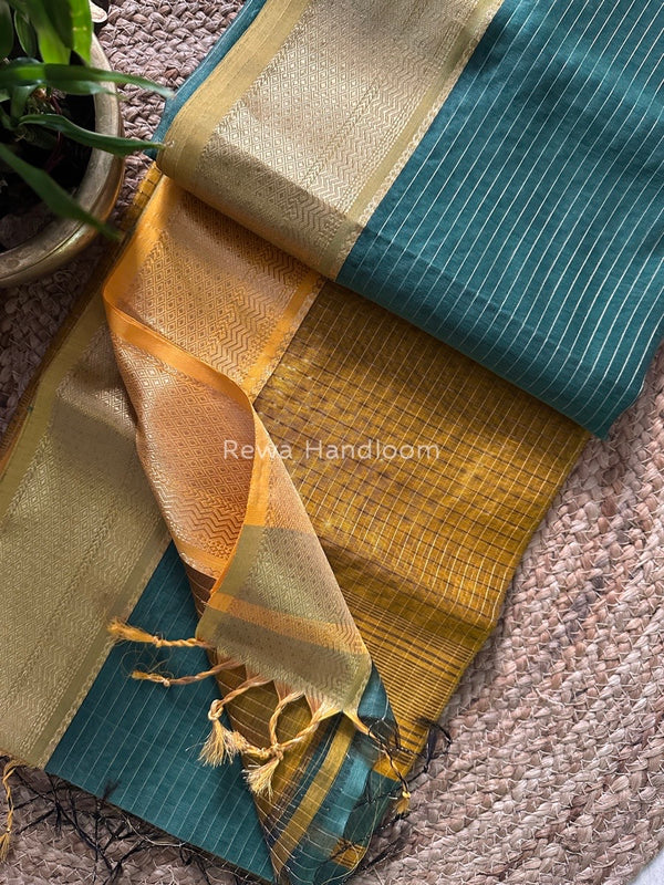 Maheshwari Aqua Green Zari Linning Saree GL058