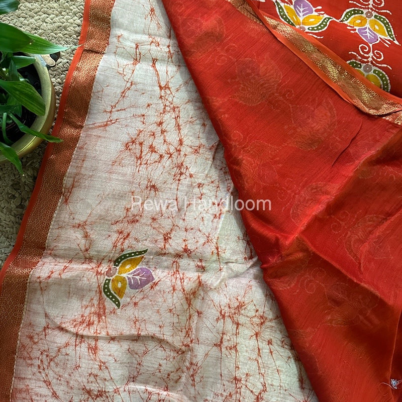 Maheshwari Orange Batik Indonesian Print Saree IBS033