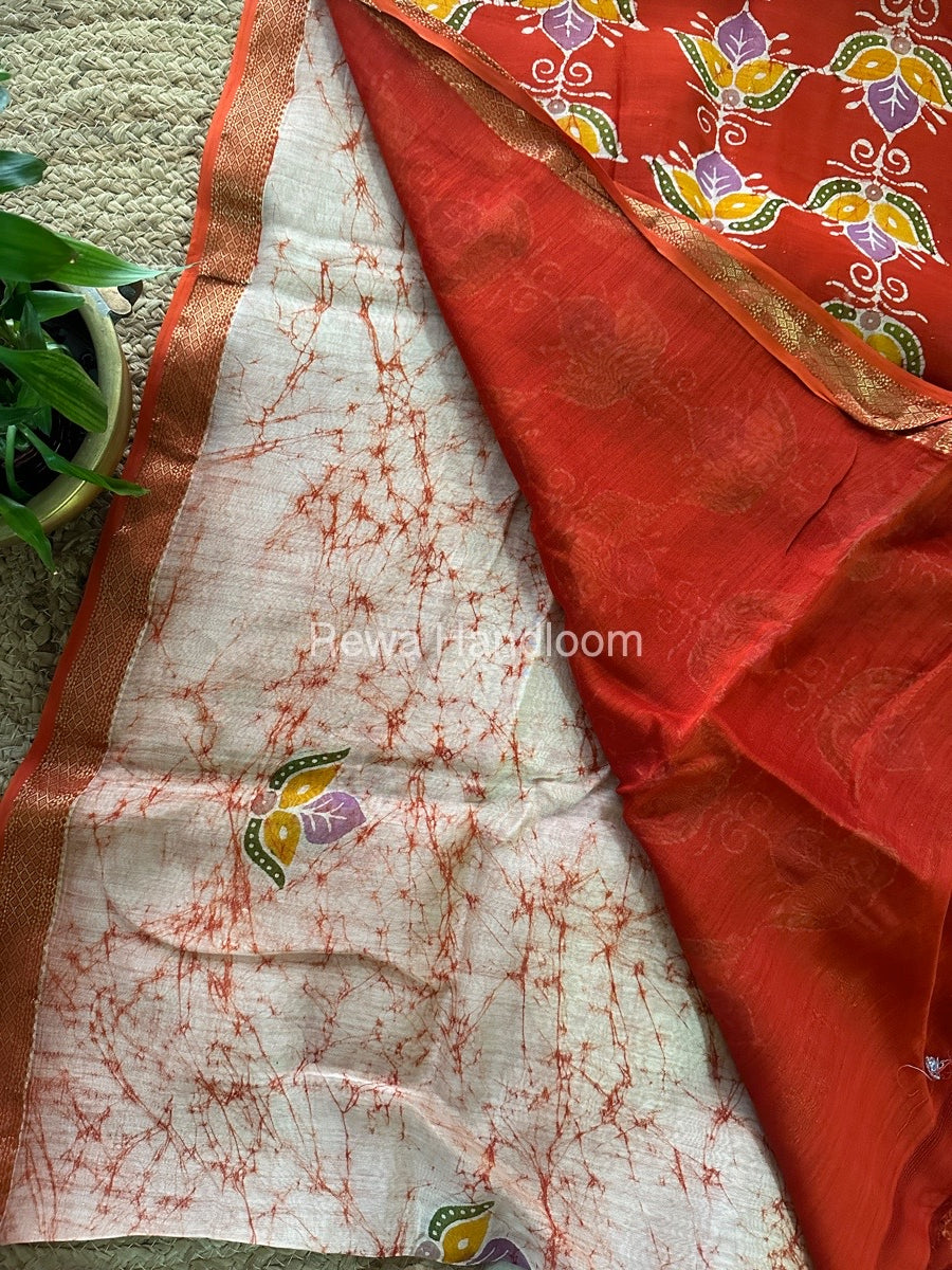 Maheshwari Orange Batik Indonesian Print Saree IBS033