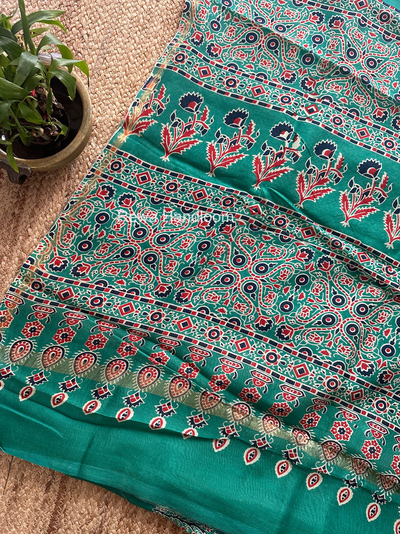 Teal Green Chanderi Silk Printed Saree CPS067