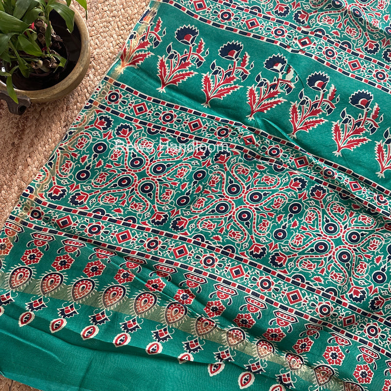 Teal Green Chanderi Silk Printed Saree CPS067
